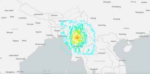 Peta gempa Myanmar, dirasakan hingga ke China, Bangladesh, Thailand, Jumat (28/3/2025). Foto: Dok USGS