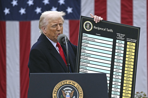 Presiden Donald Trump menunjukkan grafik tarif impor baru saat "Jadikan Amerika kaya lagi" di Gedung Putih, Washington DC, Amerika Serikat, Rabu (2/4/2025). Foto: Brendan Smialowski/AFP