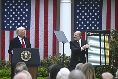 Presiden Donald Trump menunjukkan grafik tarif impor baru dengan disaksikan Menteri Perdagangan AS Howard Lutnick saat "Make America Wealthy Again" di Gedung Putih, Washington DC, Amerika Serikat, Rabu (2/4/2025). Foto: Brendan Smialowski/AFP