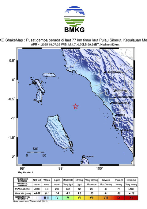 Gempa guncang Agam, Sumatera Barat, Jumat (4/4/2025). Foto: Dok. BMKG