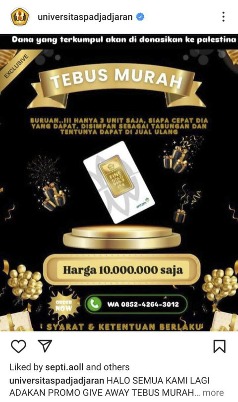 Akun instagram milik Universitas Padjajaran di hack, mengupload konten hoaxs. Foto: Instagram/ @universitaspadjajaran