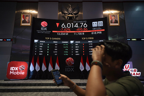 Layar digital menampilkan pergerakan Indeks Harga Saham Gabungan (IHSG) di Bursa Efek Indonesia (BEI), Jakarta, Selasa (8/4/2025). Foto: Iqbal Firdaus/kumparan