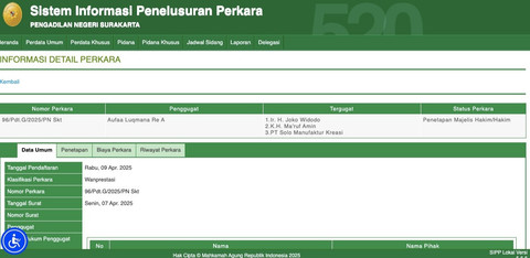 Gugatan yang didaftarkan secara online di PN Surakarta dengan nomor pendaftaran PN SKT-08042025051 terait gugatan untuk Jokowi atas kasus mobil Esemka. Foto: PN Surakarta