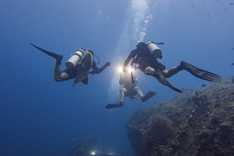 Wisatawan menyelam di atas kapal USS Liberty yang karam di perairan Laut Tulamben, Desa Tulamben, Kubu, Bali, Senin (14/4/2025). Foto: Muhammad Adimaja/ANTARA FOTO