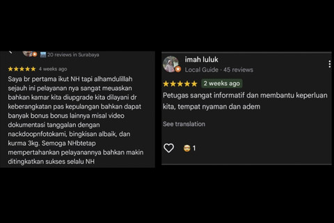 Testimoni Persada Indonesia. Foto: Dok. Istimewa    Di Persada Indonesia, calon jemaah juga bisa custom atau memilih sendiri program umrah dan fasilitas yang diinginkan. Selain itu di dalam aplikasi juga ada transparansi program umrah mulai pra keberangkatan hingga di tanah suci yang dapat diakses sewaktu-waktu.    Di Google Review, travel umrah ini mendapat bintang 4,9 dengan total reviewer terbanyak yakni 1.330 akun.      Alamat: Jl. Diponegoro No.48 A-B, DR. Soetomo, Kec. Tegalsari, Surabaya, Jawa Timur 60264    