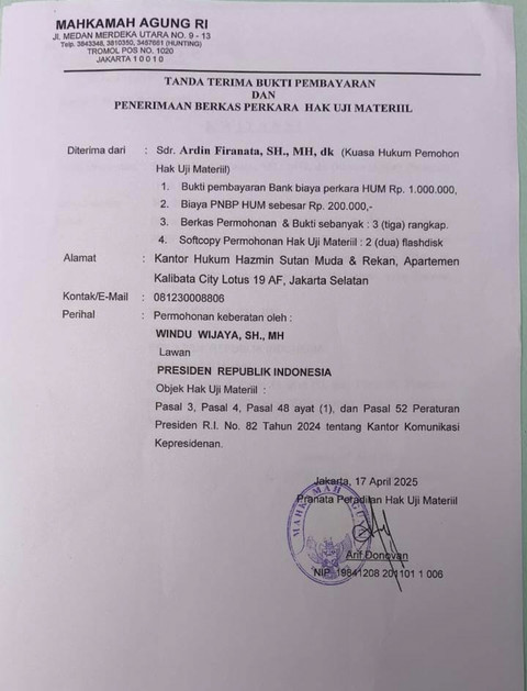 Perpres 82/2024 tentang Kantor Komunimasi Kepresidenan digugat ke Mahkamah Agung. Foto: Dok. Istimewa