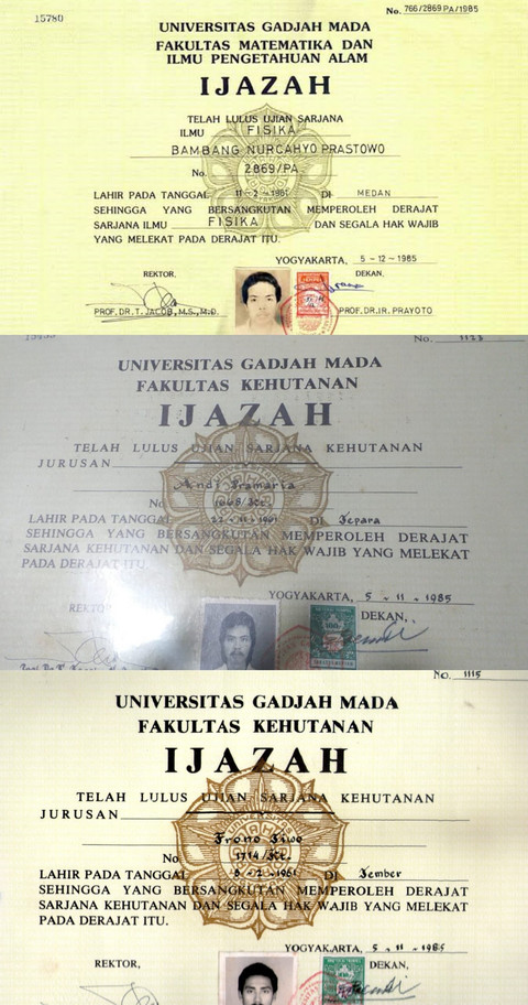Contoh Ijazah 1985 UGM yang diupload oleh akun Roy Suryo (atas), Ijazah Frono Jiwo, kawan seangkatan lulus Jokowi di UGM tahun 1985 (bawah). Foto: Dok. Istimewa