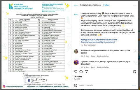 Pengumuman KATI tentang kelulusan dokter Zara, tersangka bullying dokter Risma Aulia, 12 April 2025. Foto: Instagram/@kolegium.anestesiologi
