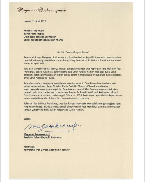 Surat duka cita dari Megawati atas wafatnya Paus Fransiskus. Dok. Istimewa.