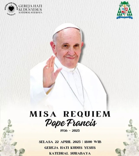 Malam Ini Gereja Katedral Surabaya Gelar Misa Requiem untuk Paus Fransiskus