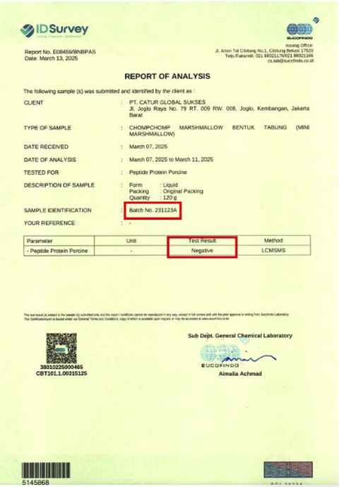 Hasil uji Sucofindo terhadap ChompChomp Marshmallow Mini. Foto: Dok. Sucofindo