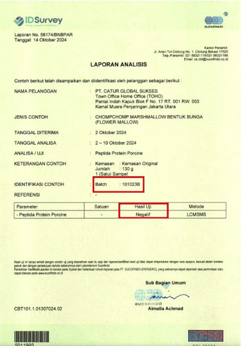 Hasi uji Sucofindo terhadap ChompChomp Marshmallow Flower. Foto: Instagram/ @chompchompmarshmallow