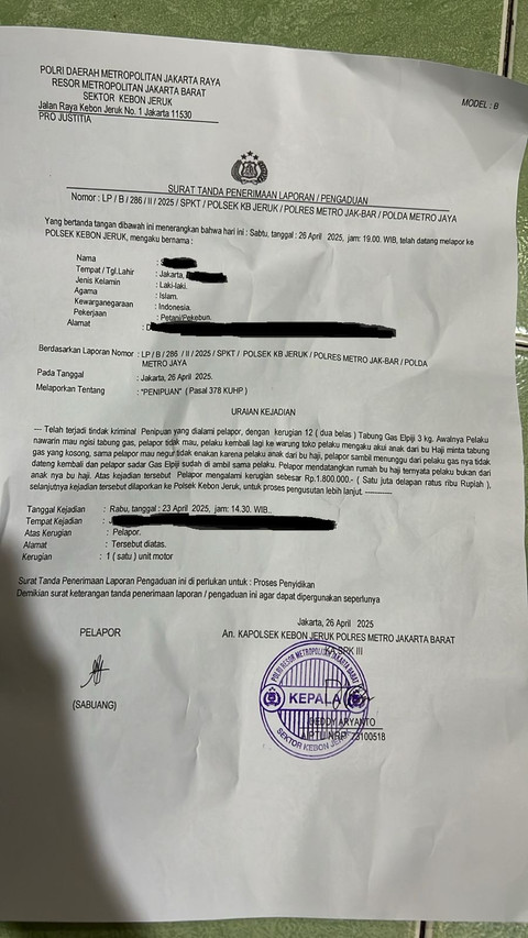 Laporan polisi dari warung madura korban hipnotis di Kebon Jeruk, Jakarta Barat. Foto: Dok. Istimewa