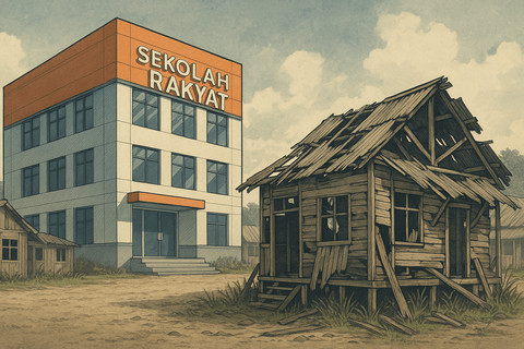 Sekolah Rakyat vs Sekolah Roboh. Sumber: Ilustrasi generatif DALL·E, OpenAI.