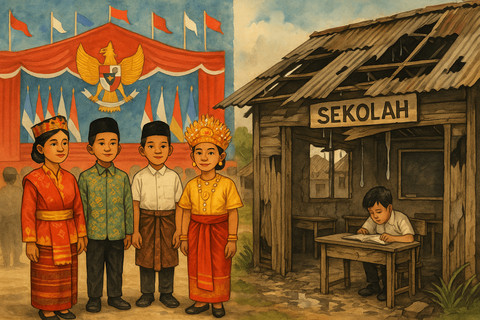 Seremoni Megah, Sekolah Lelah. Sumber: Ilustrasi generatif DALL·E, OpenAI.
