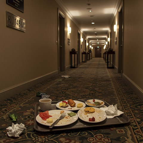 Ilustrasi tray table berisi sisa makanan yang ditaruh di luar kamar hotel. Foto: Shutterstock AI