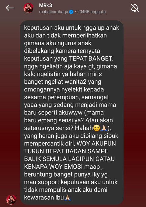 Mahalini geram banyak yang bicara buruk tentang dirinya usai melahirkan. Foto: Instagram @mahaliniraharja