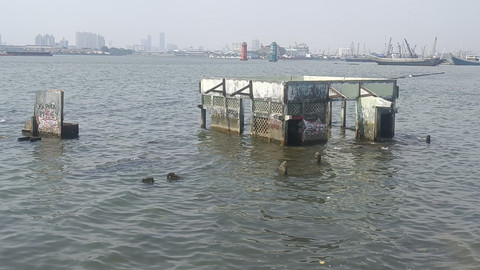 Kawasan laut di balik tanggul setinggi 4 meter. Terlihat Masjid 'Tenggelam' Waladuna, Muara Baru, Penjaringan, Jakarta Utara, Selasa (6/5/2025). Foto: Thomas Bosco/kumparan