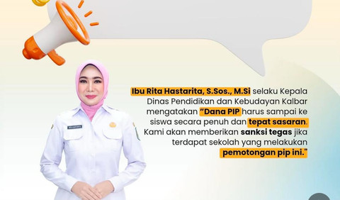 Kadisdikud Kalbar, Rita Hastarita. Dikbud Kalbar akan berikkan sanksi tegas kepada sekolah yang lakukan pemotongan dana PIP. Foto: Dok, instagram @dikbudkalbar