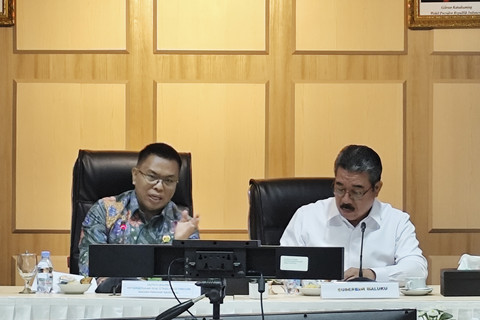 Deputi Bidang Ketersediaan dan Stabilisasi Pangan Bapanas I Gusti Ketut Astawa dan Gubernur dan Gubernur Maluku Hendrik Lewerissa dalam rapat di Kantor Bapanas Jumat (16/5/2025). Foto: Widya Islamiati/kumparan