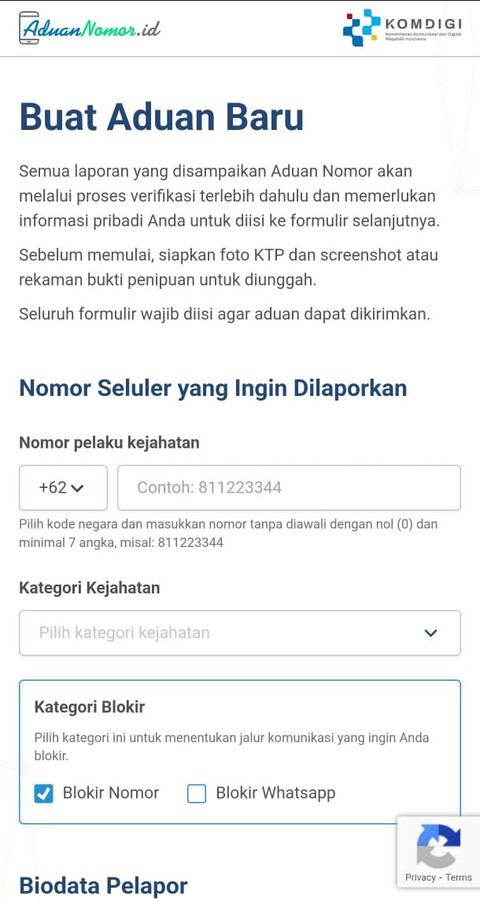 Tampilan website aduan nomor yang dibuka oleh Komdigi. Foto: Alya Zahra/kumparan 
