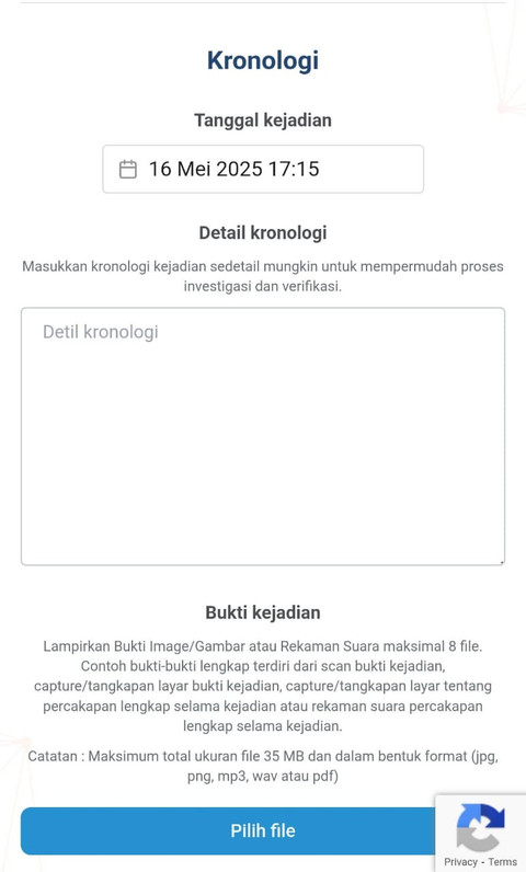 Tampilan formulir kronologi yang perlu diisi oleh pelapor melalui website aduannomor.id Komdigi. Foto: Alya Zahra/kumparan 