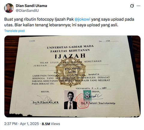 Unggahan Dian Sandi, kader PSI, di X tentang ijazah UGM Jokowi Foto: X/@DianSandiU