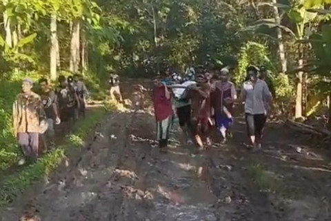 Sejumlah warga di Desa Mulyasari, Kecamatan Agrabinta Kabupaten Cianjur terpaksa menandu ibu hamil yang akan melahirkan saat menuju ke puskesmas akibat akses jalan yang hancur berlumpur dan berbatu. Foto: Dok. Istimewa