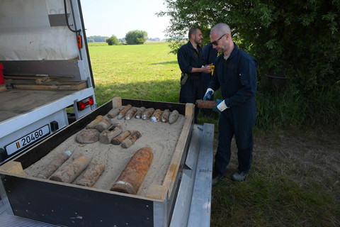 Anggota tim penjinak ranjau DOVO mengumpulkan peluru-peluru tua Perang Dunia Pertama yang ditemukan di pedesaan Belgia barat laut dekat Ypres, Senin (19/5/2025). Foto: Nicolas Tucat/AFP