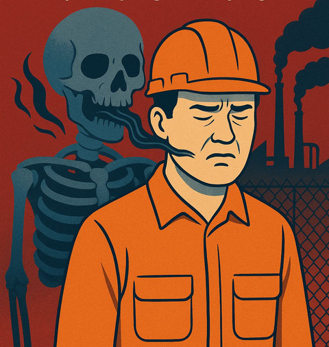 Gambar adalah koleksi pribadi dibuat dengan menggunakan open AI. ilustrasi ini menggambarkan bahaya laten penyakit akibat kerja yang tak terlihat namun mematikan, serta kurangnya kebijakan responsif untuk melindungi pekerja dari risiko jangka panjang.