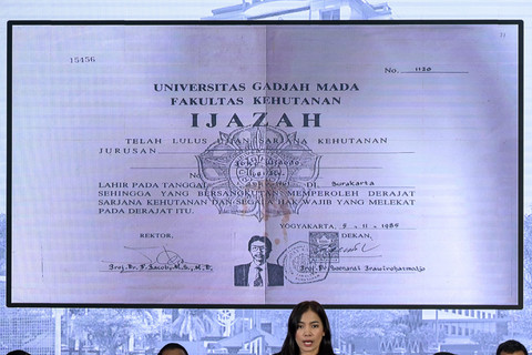 Layar menampilkan fotokopi ijazah Presiden ke-7 RI Joko Widodo saat konferensi pers tentang hasil penyelidikan pengaduan masyarakat tentang dugaan tindak pidana terkait ijazah Joko Widodo di Bareskrim Mabes Polri, Jakarta, Kamis (22/5/2025). Foto: Fauzan/ANTARA FOTO