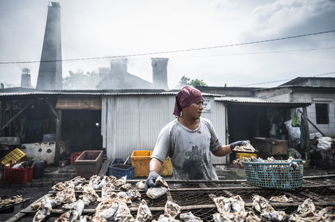 Pekerja menjemur ikan sebelum dilakukan proses pengasapan di sentra pengasapan ikan Bandarharjo, Semarang, Jawa Tengah, Selasa (27/5/2025). Foto: Aprillio Akbar/ANTARA FOTO