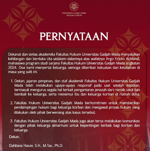 Pernyataan FH UGM tentang tewasnya mahasiswa Argo Ericko Achfandi akibat kecelakaan lalu lintas. Foto: Instagram/@law.ugm