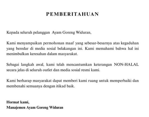 RM Ayam Goreng Widuran Solo minta maaf soal makanan nonhalal, Mei 2025. Foto: IG/@ayamgorengwiduransolo