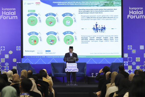 Menteri PPN/Kepala Bappenas Rachmat Pambudy memberikan keynote speech pada kumparan Halal Forum 2025 di Ballroom Artotel Mangkuluhur, Jakarta, Selasa (27/5/2025).  Foto: Jamal Ramadhan/kumparan
