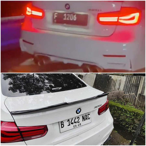 Kolase foto mobil BMW Christiano Pengarapenta Pengidahen Tarigan. Foto atas menunjukkan pelat nomor F 1206, foto bawah menunjukkan foto pelat nomor B 1442 NAC. Dok: Ist dan Panji/kumparan