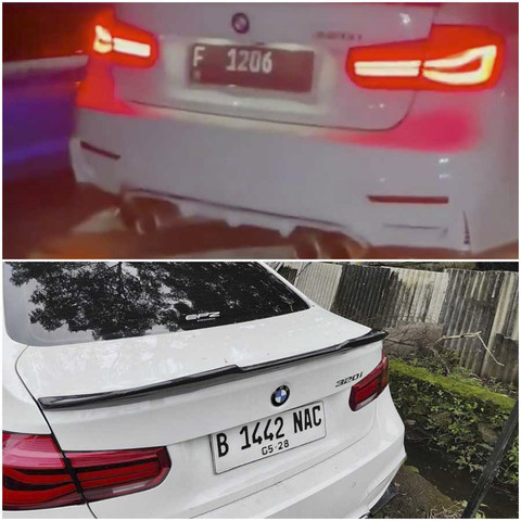Kolase foto mobil BMW Christiano Pengarapenta Pengidahen Tarigan. Foto atas menunjukkan pelat nomor F 1206, foto bawah menunjukkan foto pelat nomor B 1442 NAC. Foto: Dok. Istimewa dan Arfiansyah Panji/kumparan