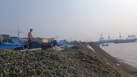 Warga beraktivitas di tumpukan limbah kulit kerang hijau yang menggunung melebihi tanggul laut setinggi 5 meter di kawasan pesisir Cilincing, Jakarta Utara, Rabu (28/5). Foto: Thomas Bosco/kumparan