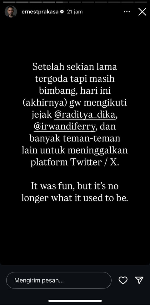 Ernest Prakasa umumkan hapus akun X. Foto: Instagram @ernestprakasa