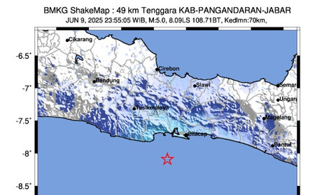 Peta guncangan gempa Pangandaran 5,0 magnitudo, Senin (9/6). Dok. BMKG