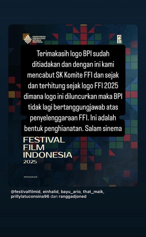 BPI soal unggahan FFI 2025. Foto: Instagram/@badan_perfilman_indonesia