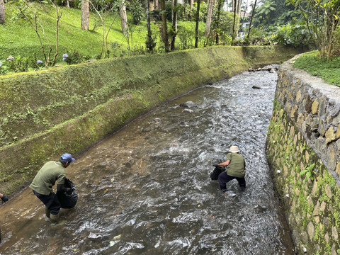 Petugas dari Plataran Puncak melakukan pembersihan sungai di sekitar villa Foto: DN. Mustika Sari/kumparan