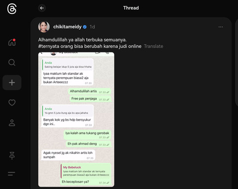 Postingan Chikita Meidy di Thread
