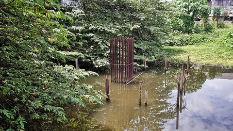 Tiang pancang yang tersisa di area pembangunan Paaar Cinde Palembang yang mangkrak, Minggu (13/4/2025) Foto: abp/urban id
