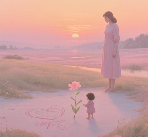 generated by AI via ChatGPT (OpenAI). Gambar ini menampilkan suasana yang sangat lembut dan menyentuh hati, dengan nuansa warna pastel dan cahaya matahari terbenam yang hangat. Di latar depan, tampak seorang anak kecil berdiri di atas tanah sambil menatap bunga berwarna merah muda yang tumbuh di hadapannya. .