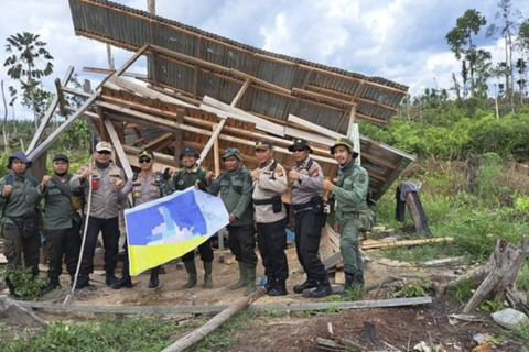 Aktivitas Satuan Tugas Penertiban Kawasan Hutan (Satgas PKH) menertibkan kawasan Hutan Konservasi Taman Nasional Tesso Nilo sebagai bagian dari upaya penegakan hukum atas kawasan hutan yang merupakan tanah negara di Riau, Selasa (10/6/2025). Foto: ANTARA/HO-Kemenhut