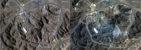 Gambar kombinasi menunjukkan gambar satelit di atas kompleks bawah tanah Fordow, sebelum dan sesudah AS menyerang fasilitas nuklir bawah tanah, dekat Qom, Iran, (20/6/2025) (kiri) dan (22/6/2025) (kanan). Foto: Maxar Technologies/Handout via REUTERS