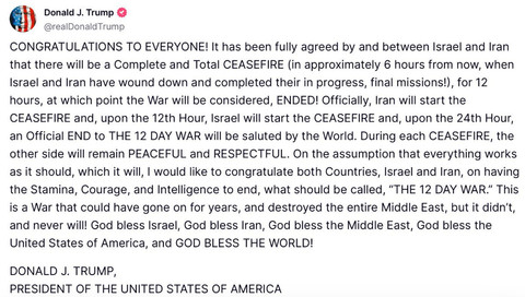 Pernyataan Trump soal gencatan senjata Iran vs Israel di akun medsosnya, Juni 2025. Foto: Screenshot