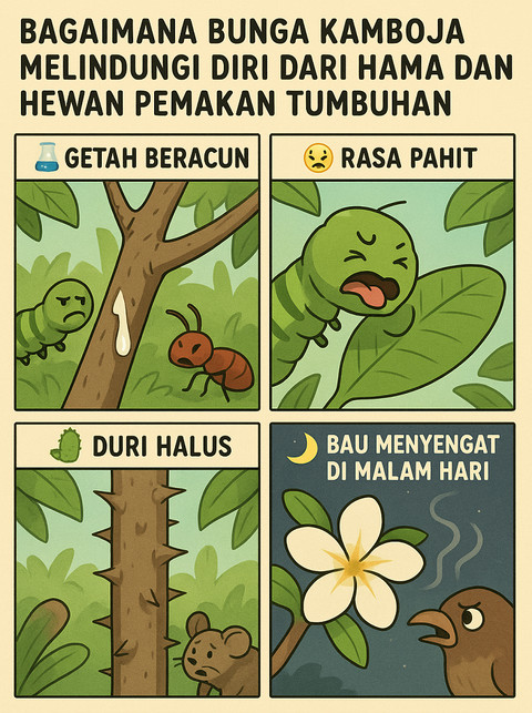 Ilustrasi bunga kamboja melindungi diri dari hama atau hewan pemakan tumbuhan