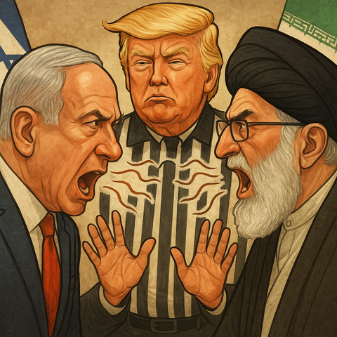 Gambar pertikaian sengit antara Netanyahu (Perdana Menteri Israel) dan Ayatollah Khamenei (Pemimpin Revolusi Iran) yang ditengahi oleh Donald Trump (Presiden Amerika Serikat), sumber gambar dibuat penulis melalui Chat GPT.